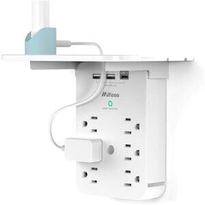 Wall Outlet Extender with Surge Protector, 6 AC Outlets, Shelf, 2 USB